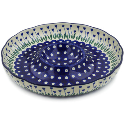Polish Pottery Chip and Dip Platter 12&quot; Blue Tulip Peacock