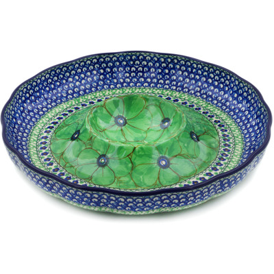 Polish Pottery Chip and Dip Platter 12&quot; Green Pansies UNIKAT