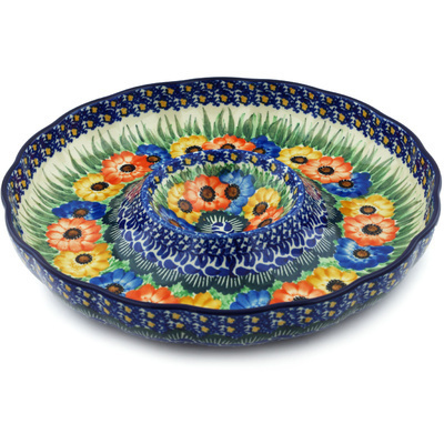 Polish Pottery Chip and Dip Platter 12&quot; Primary Poppy Chain UNIKAT