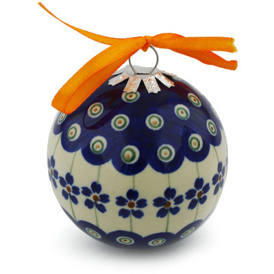 Polish Pottery Christmas Ball Ornament 3&quot; Flowering Peacock