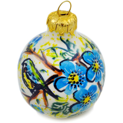 Polish Pottery Christmas Ball Ornament 3&quot; Sitting On A Branch UNIKAT