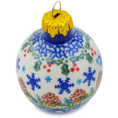 Polish Pottery Christmas Ball Ornament 3&quot; Snowflakes And Pinecones