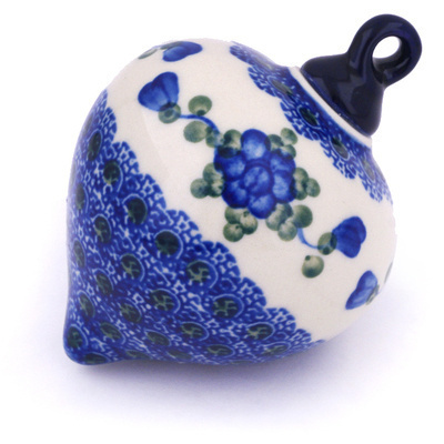 Polish Pottery Christmas Ball Ornament 4&quot; Blue Poppies