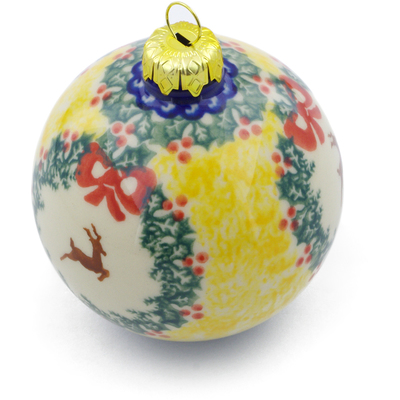 Polish Pottery Christmas Ball Ornament 4&quot; Reindeer Wreath UNIKAT