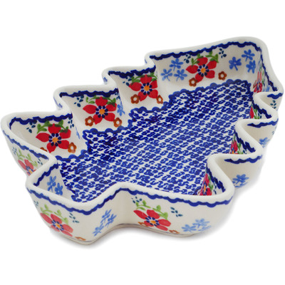 Polish Pottery Christmas Tree Bowl 9&quot; Red Flower Meadow