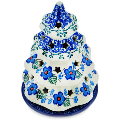 Polish Pottery Christmas Tree Candle Holder 6&quot; Blue Blossom
