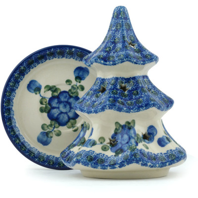 Polish Pottery Christmas Tree Candle Holder 6&quot; Blue Poppies
