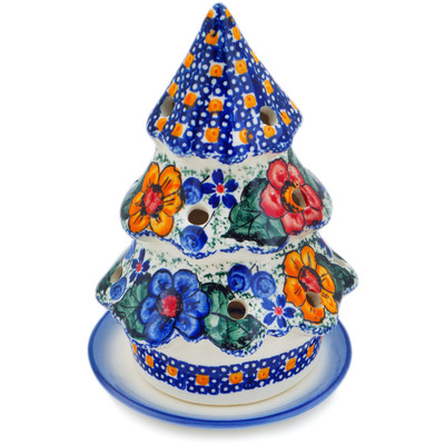 Polish Pottery Christmas Tree Candle Holder 6&quot; Bold Pansy UNIKAT