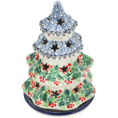 Polish Pottery Christmas Tree Candle Holder 6&quot; Holly Berry Wreath