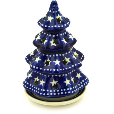 Polish Pottery Christmas Tree Candle Holder 6&quot; Midnight Stars