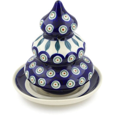 Polish Pottery Christmas Tree Candle Holder 6&quot; Peacock Leaves