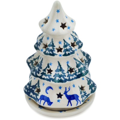 Polish Pottery Christmas Tree Candle Holder 6&quot; Quiet Forest