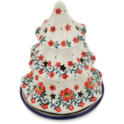 Polish Pottery Christmas Tree Candle Holder 6&quot; Red Primrose