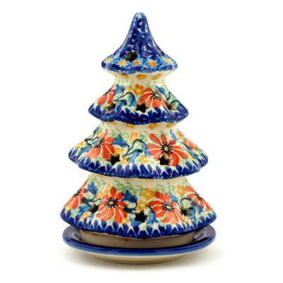 Polish Pottery Christmas Tree Candle Holder 6&quot; Secret Garden UNIKAT