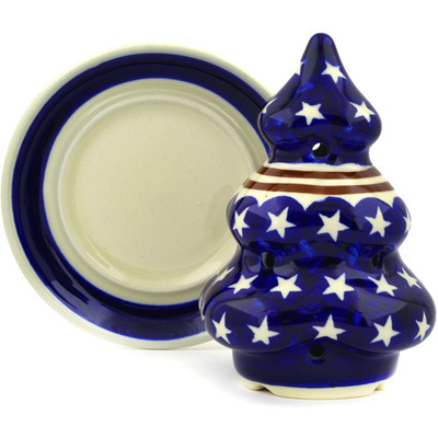 Polish Pottery Christmas Tree Candle Holder 6&quot; Stars And Stripes