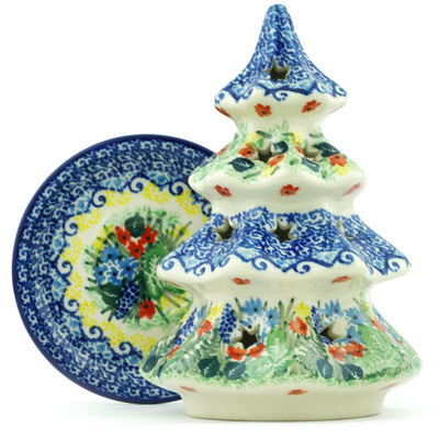 Polish Pottery Christmas Tree Candle Holder 7&quot; Blue Monarch Garden UNIKAT