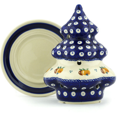 Polish Pottery Christmas Tree Candle Holder 7&quot; Country Apple Peacock