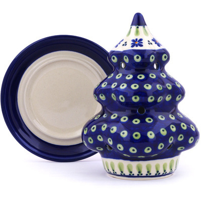 Polish Pottery Christmas Tree Candle Holder 7&quot; Green Gingham Peacock