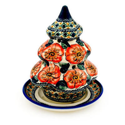 Polish Pottery Christmas Tree Candle Holder 7&quot; Peach Poppies UNIKAT