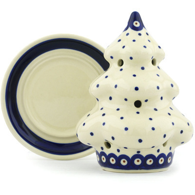 Polish Pottery Christmas Tree Candle Holder 7&quot; Peacock Dots