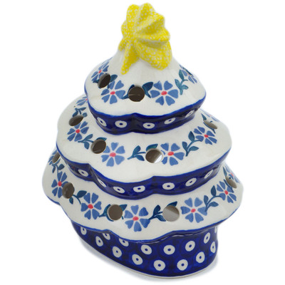 Polish Pottery Christmas Tree Candle Holder 7&quot; Peacock Forget-me-not