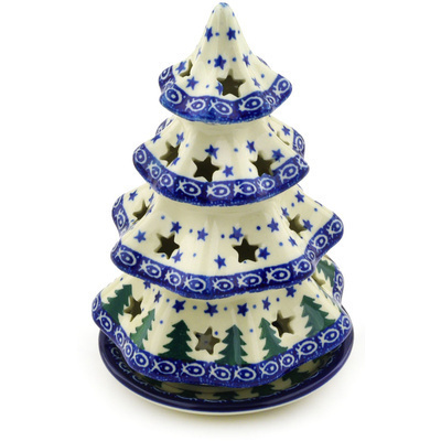 Polish Pottery Christmas Tree Candle Holder 7&quot; Piney Forest UNIKAT