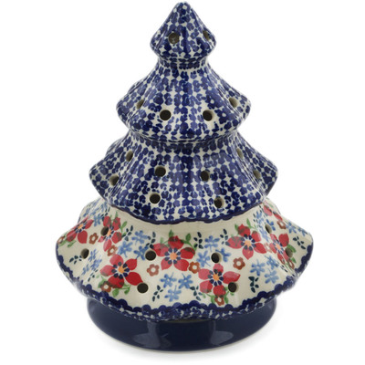 Polish Pottery Christmas Tree Candle Holder 7&quot; Red Flower Meadow