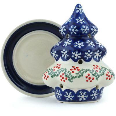 Polish Pottery Christmas Tree Candle Holder 7&quot; Snowflakes Tree