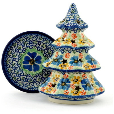 Polish Pottery Christmas Tree Candle Holder 7&quot; Vibrant Spring UNIKAT