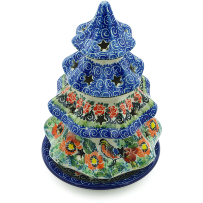 Polish Pottery Christmas Tree Candle Holder 8&quot; Bird Of Paradise UNIKAT