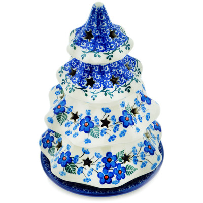 Polish Pottery Christmas Tree Candle Holder 8&quot; Blue Blossom
