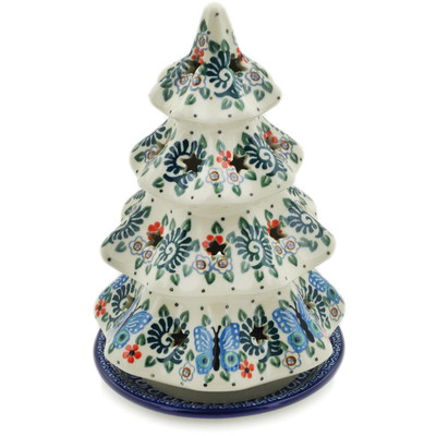 Polish Pottery Christmas Tree Candle Holder 8&quot; Blue Butterfly Brigade UNIKAT