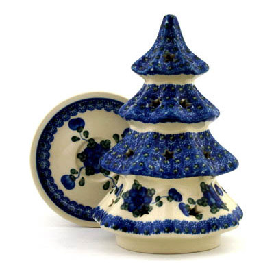 Polish Pottery Christmas Tree Candle Holder 8&quot; Blue Poppies