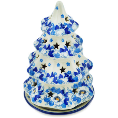 Polish Pottery Christmas Tree Candle Holder 8&quot; Blue Spring