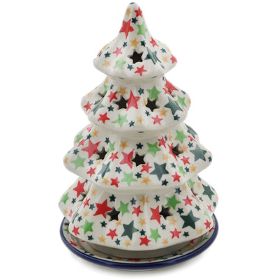 Polish Pottery Christmas Tree Candle Holder 8&quot; Stars Around Us