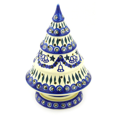 Polish Pottery Christmas Tree Candle Holder 9&quot; Blue Peacock