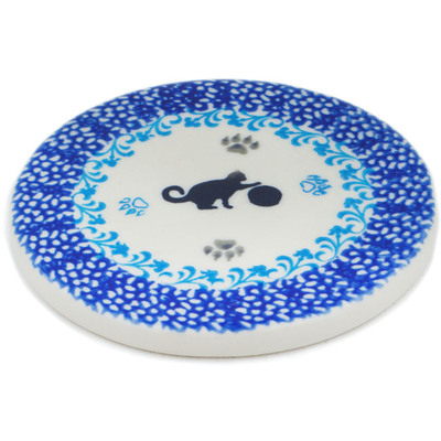 Polish Pottery Coaster 3&quot; Kitty Paw Play Time