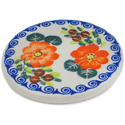 Polish Pottery Coaster 3&quot; Red Blossom