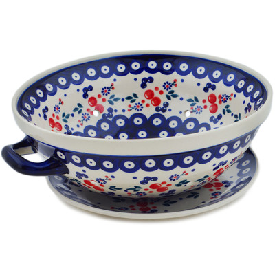 Polish Pottery Colander with Plate 11&quot; Peacock Forget-me-not