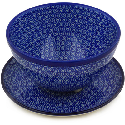 Polish Pottery Colander with Plate 8&quot; Baltic Blue