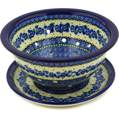 Polish Pottery Colander with Plate 8&quot; Blue Bud Sea