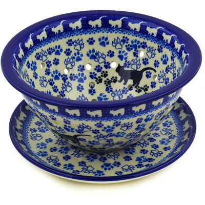 Polish Pottery Colander with Plate 8&quot; Boo Boo Kitty Paws