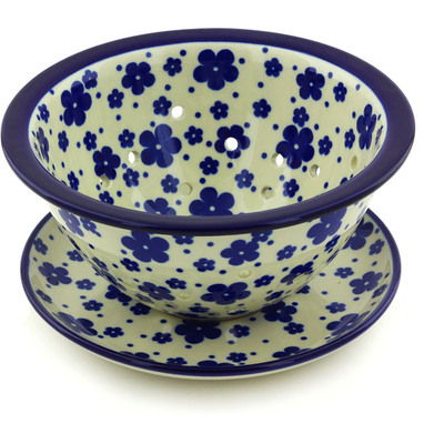 Polish Pottery Colander with Plate 8&quot; Cobalt Meadow