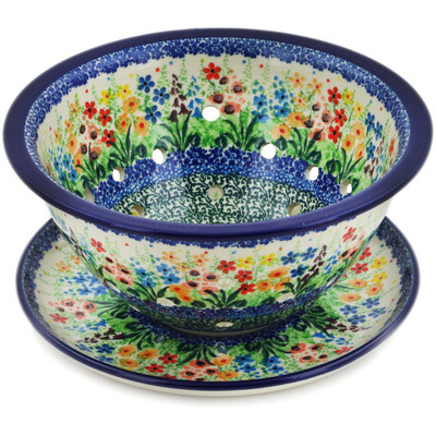 Polish Pottery Colander with Plate 8&quot; Colors Of The Wind UNIKAT