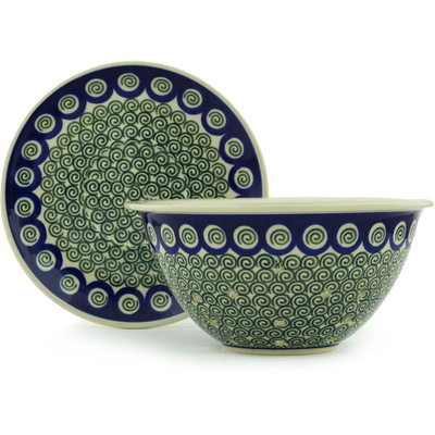 Polish Pottery Colander with Plate 8&quot; Green Peacock Swirl