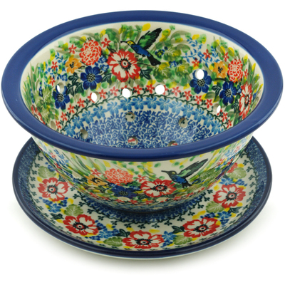 Polish Pottery Colander with Plate 8&quot; Hummingbird Meadow UNIKAT