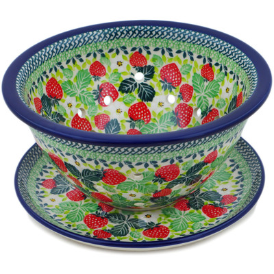 Polish Pottery Colander with Plate 8&quot; Summer Strawberry UNIKAT