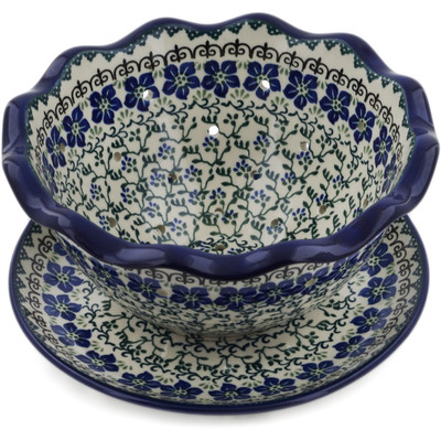 Polish Pottery Colander with Plate 9&quot; Blue Dogwood