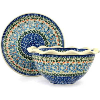 Polish Pottery Colander with Plate 9&quot; Garden Heart