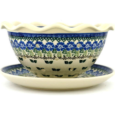 Polish Pottery Colander with Plate 9&quot; Leaves And Flowers